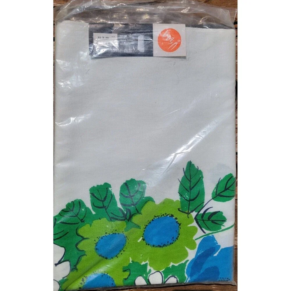 Vtg Vera Neumann Tablecloth MCM Blue Green Floral Daisies Flower Power 60x84